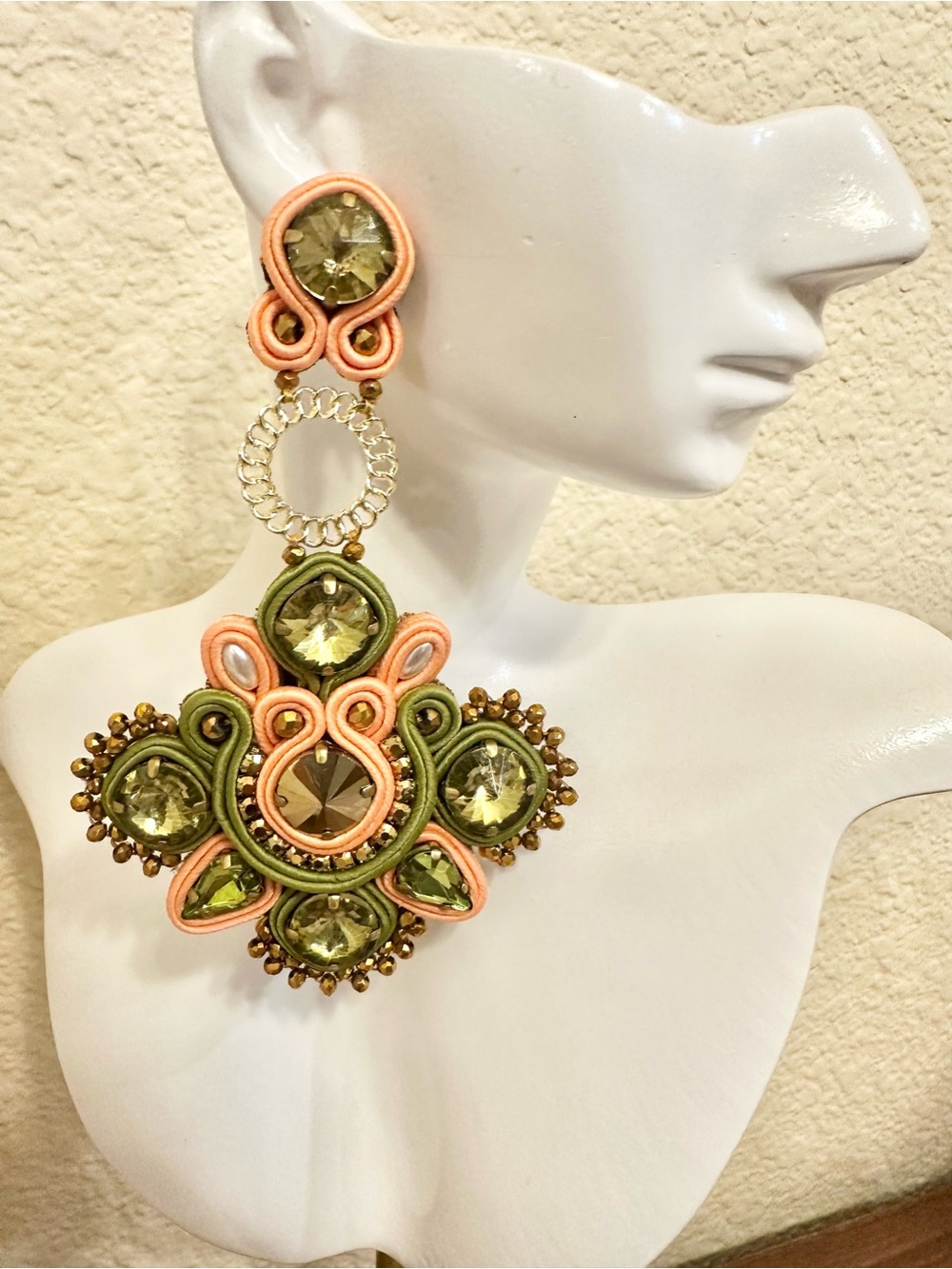 Handmade Peach & Olive Green Soutache Statement Drop Earrings
